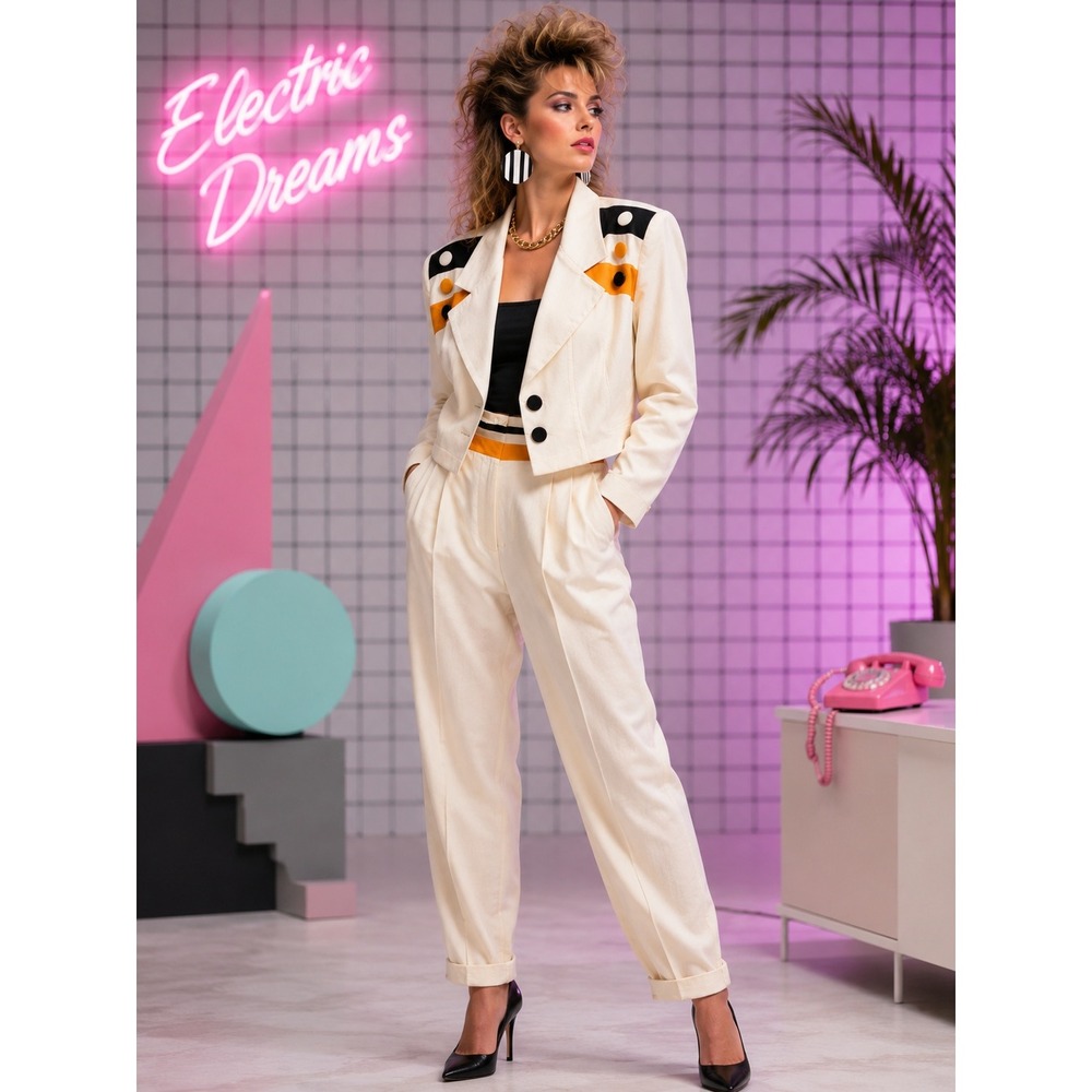 Vintage M.J. Carroll Pant Suit Set Womens 13/14 Cream Colorblock Mod Power Suit